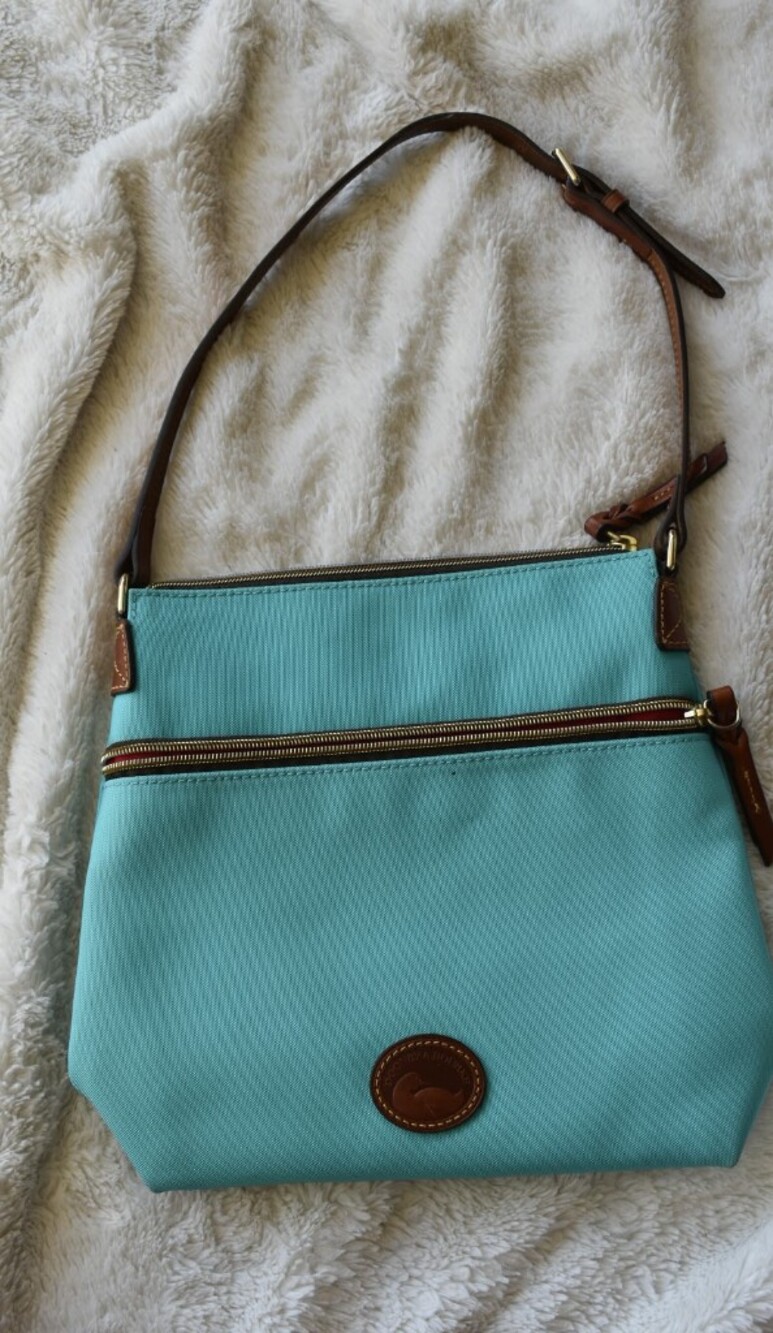 Vintage 90s Y2K Dooney & Bourke Aqua ShoulderBag with Brown Trim